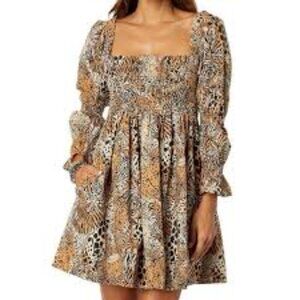 LILLY PULITZER Animal Print Beyonca Boho Safari Long Sleeve Smocked Dress Small